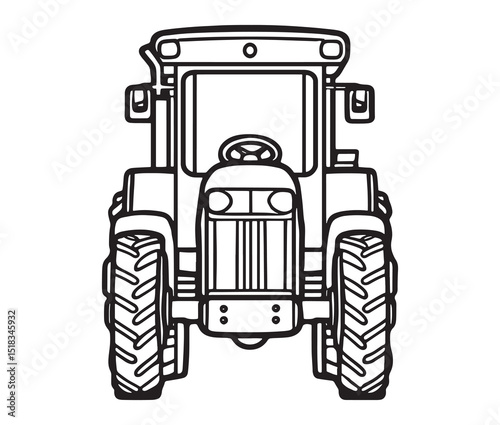 Line art tractor isolated on white background. Vintage tractor front view drawing