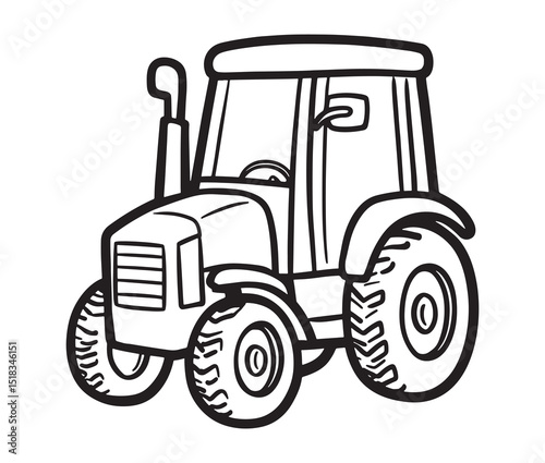 Line art tractor isolated on white background. Vintage tractor front view drawing