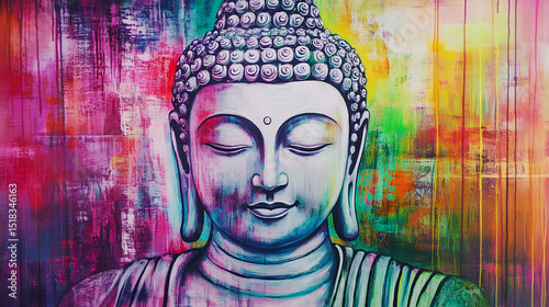 Close up of serene Buddha statue against vibrant abstract background perfect for spiritual meditation themes mindfulness concepts Asian art interiors and peaceful decorative design ideas