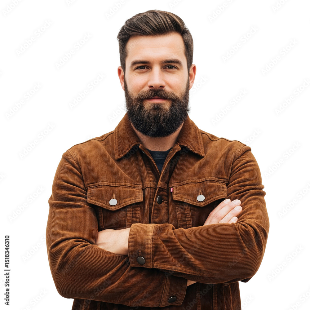 Caucasian handsome man with beard wearing a corduroy jacket over isolated transparent background keeping the arms crossed in frontal position