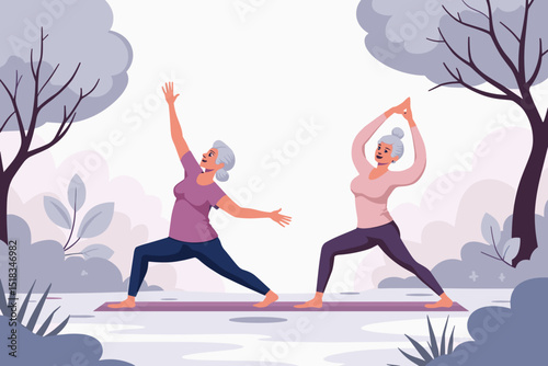 Two senior women practicing yoga in a serene outdoor setting