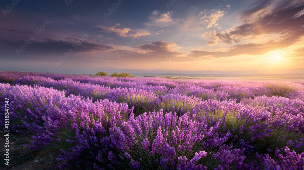 Obraz premium Beautiful landscape of lavender field in full bloom under cloudy sunset sky