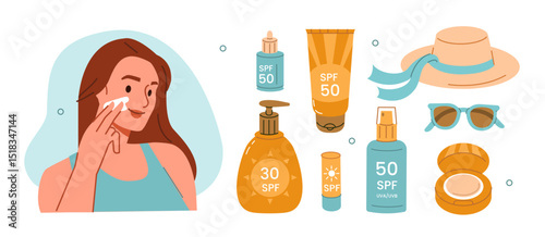 Woman applying sunscreen on her face. Straw hat, sunglasses, spf cream, lotion, serum, lip balsam and other sun protection products collection. Vector illustration.
