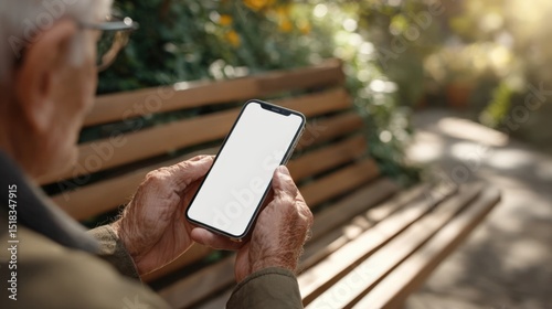 Senior man using smartphone with blank screen in park