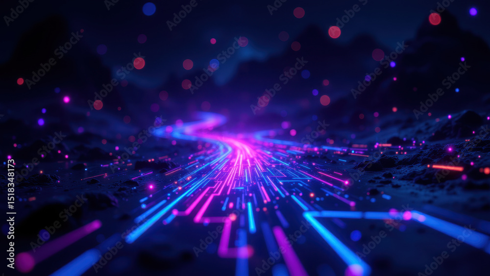 Fototapeta premium Cybersecurity digital artwork with neon lights on a purple galaxy background.