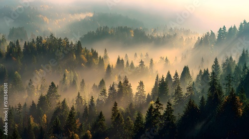Beautiful landscape of misty pine forest valley at sunrise, soft golden light