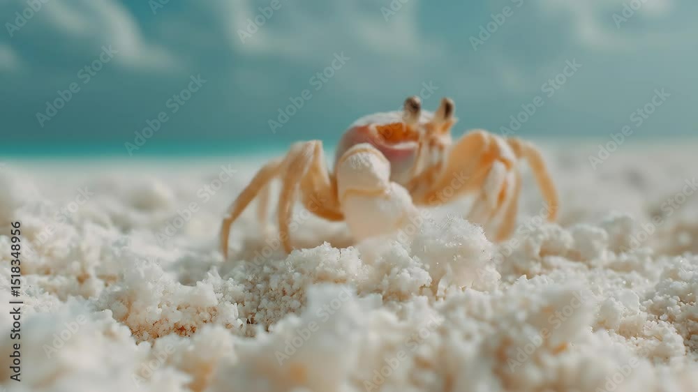 Close up of pale crab burrowing into white sand with turquoise ocean backdrop