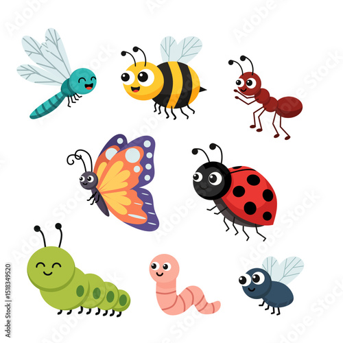 Set of cute cartoon insects including bee, ant, dragonfly, butterfly, caterpillar, ladybug, worm, and fly. Colorful, flat vector design for kids and education