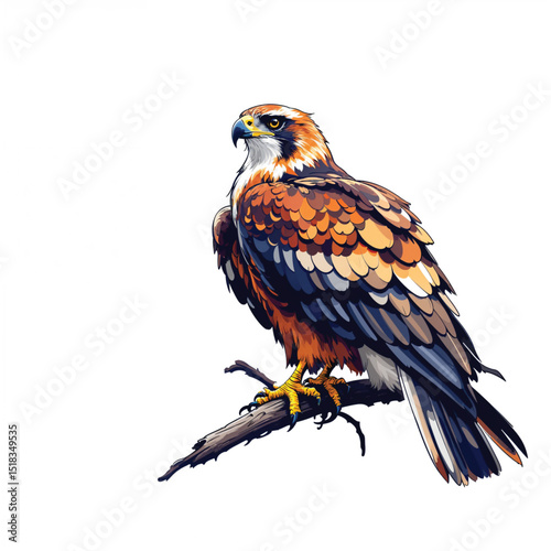 Hawk isolated on white background, a majestic bird of prey with sharp talons and piercing eyes