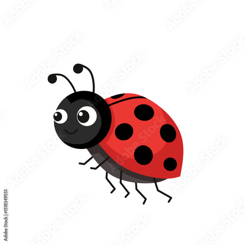 Smiling red ladybug with black dots and six legs. Cute cartoon insect, ideal for nature-themed projects, educational graphics, or kid-friendly designs