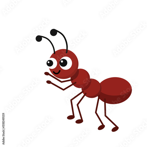 Red cartoon ant with big eyes and six legs, smiling cheerfully. Simple flat vector perfect for children’s projects, books, or bug-themed designs