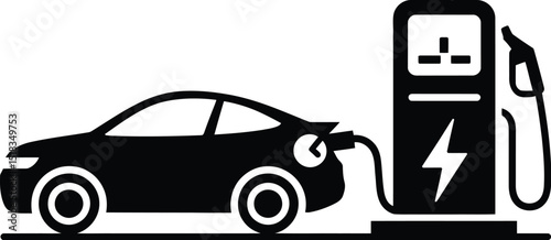 Illustration of a black electric car charging at a charging station on a white background scene view
