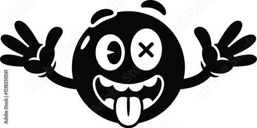 A black and white cartoon character with a round head, one eye as an x, and tongue sticking out wide