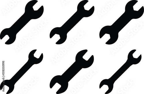 Silhouette illustration of six wrenches used for mechanical work and engineering