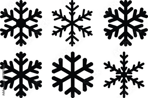 Six unique snowflake designs in a graphic illustration format and layout