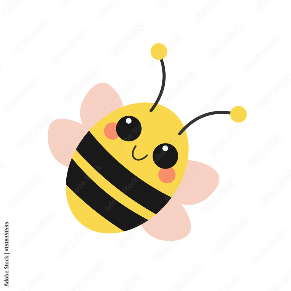 Obraz premium Cute cartoon bee with pink wings and smiling face in vector style.