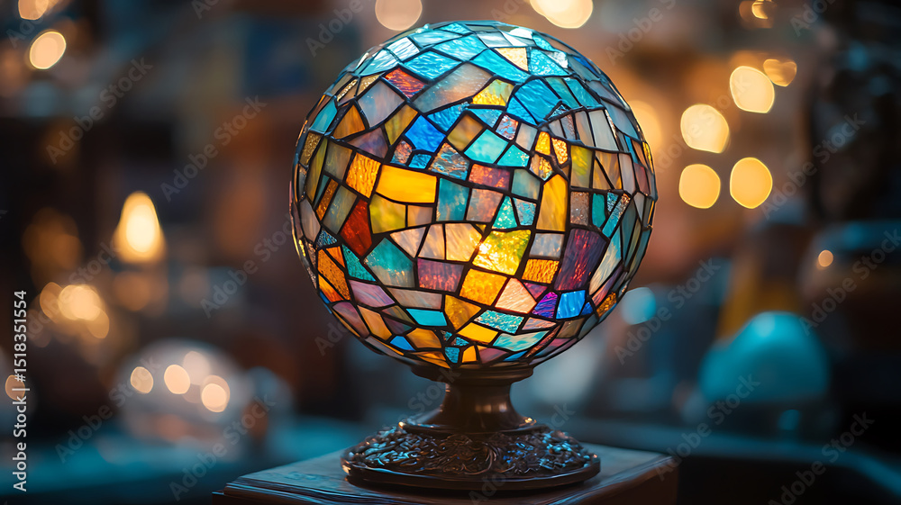 Obraz premium Illuminated stained glass lamp displaying vibrant colors and intricate mosaic design