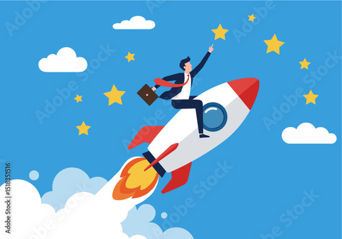 vector a businessman riding a rocket ship, reaching for stars in a blue sky, representing success, goals, and achievement