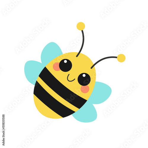 Vector illustration of a happy bee with big eyes and striped body. Ideal for school materials, decor, and children’s books.