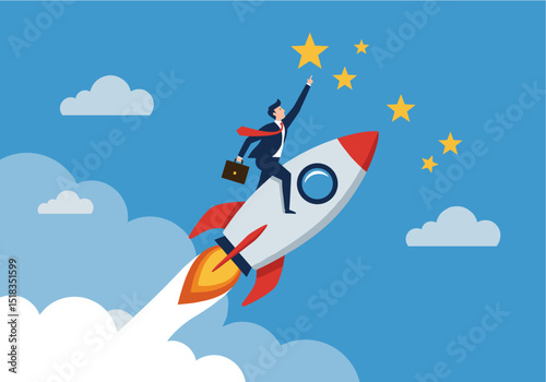 vector a businessman riding a rocket ship, reaching for stars in a blue sky, representing success, goals, and achievement