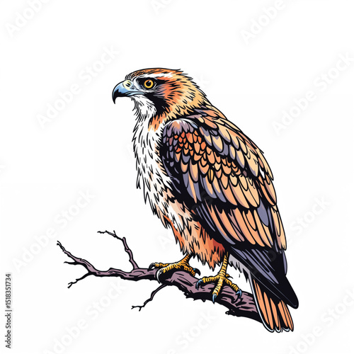 Hawk isolated on white background, a majestic bird of prey with sharp talons and piercing eyes