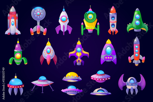 Game spaceships. Cartoon spacecraft for galaxy fantasy mobile gaming, alien space ship ufo cosmic rocket futuristic star craft interstellar spaceship set swanky vector illustration