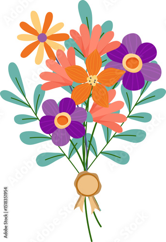 A colorful, stylized bouquet illustration featuring a mix of orange, purple, and yellow flowers with green leaves, all tied together with a ribbon seal.