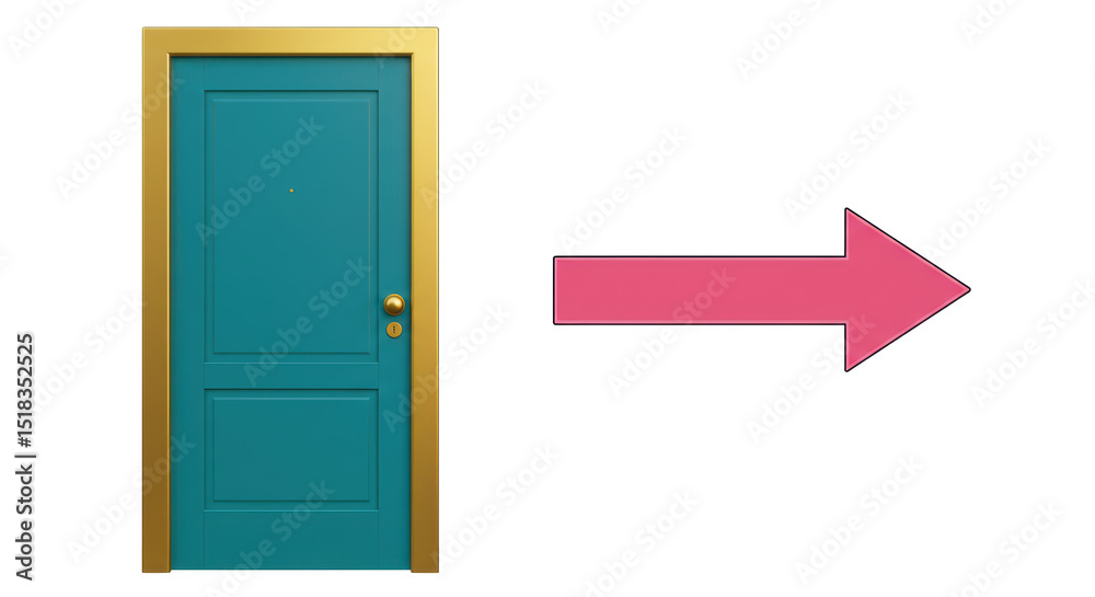 Isolated Teal Door with Golden Frame and Pink Arrow Isolated Teal Door with Golden Frame and Pink Arrow