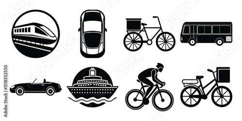 Transportation, vehicle icon set. Vector glyph pictograms of travel, logistics, public transit concepts, car, train, bus, bicycle, boat, and airplane black silhouette illustration