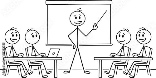 Stick figure presenter with pointer teaching stick figure students in a classroom setting drawing