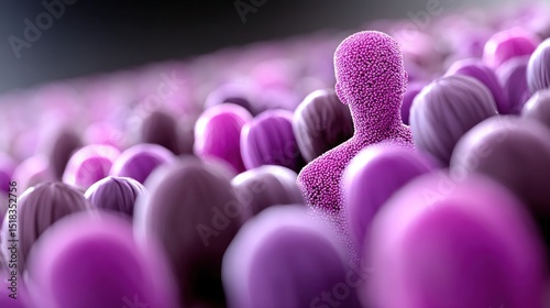 abstract representation shows a distinct figure amidst a multitude of purple shapes, symbolizing individuality and diversity in a crowd