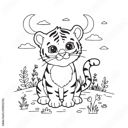 cute tiger animal cartoon vector illustration . to colour