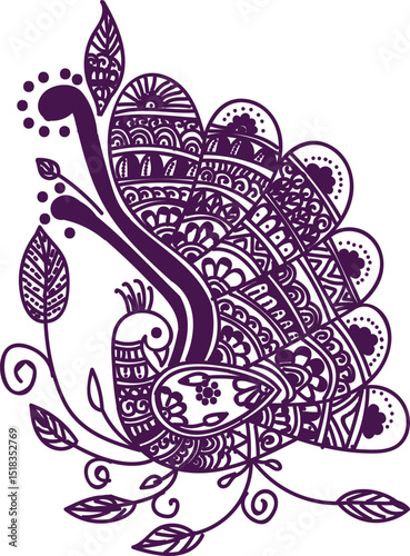 Stylized vector illustration of a majestic peacock featuring detailed feathers and ornamental patterns. This elegant and vibrant artwork is ideal for use in textile design, wall art, invitations, bran