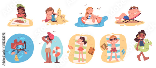 Beach children characters. Cartoon kids funny character summer vacation, child in swimsuit play on sea sand water game sun bath swim with inflatable ring classy vector illustration