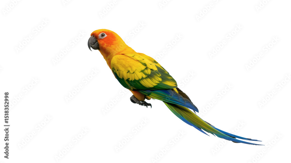 Fototapeta premium blue and yellow macaw ara, A vibrant sun conure perches diagonally on a stark 