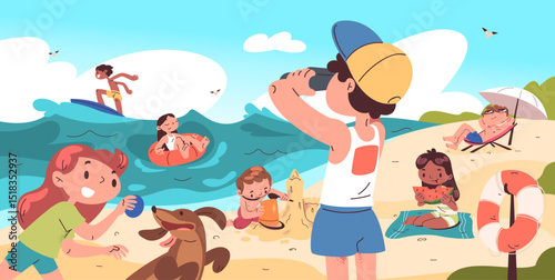 Children playing beach. Kids play in sea sand beach, fun game summer time vacation holiday seaside cartoon landscape boy girl in swimsuit swim in ocean, classy vector illustration