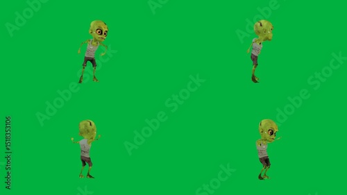 A green screen with cartoon character it alien standing front dancing animated chromakey background expression movement depth composition illustration cartoonish gesture