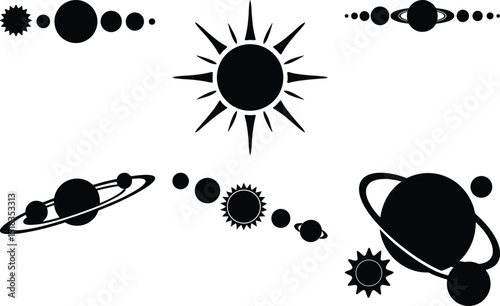 Various Solar System Icons Illustrating Planets, Suns, and Space Objects in Black
