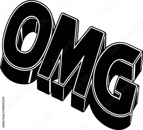 Pop Culture OMG Text in 3D Chrome Shallotte on white background