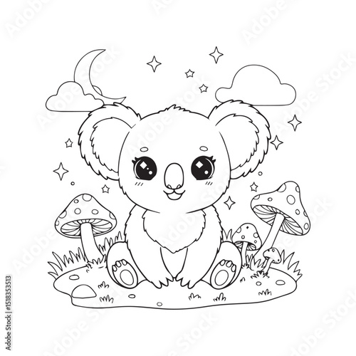 cute koala in the field woodland character vector illustration. to colour