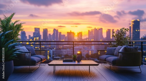 Serene Cityscape Sunset, Rooftop Relaxation