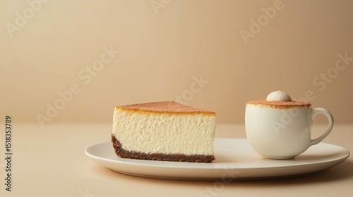 A minimalist food photography of Basque cheesecake slice with coffee isolated on beige background