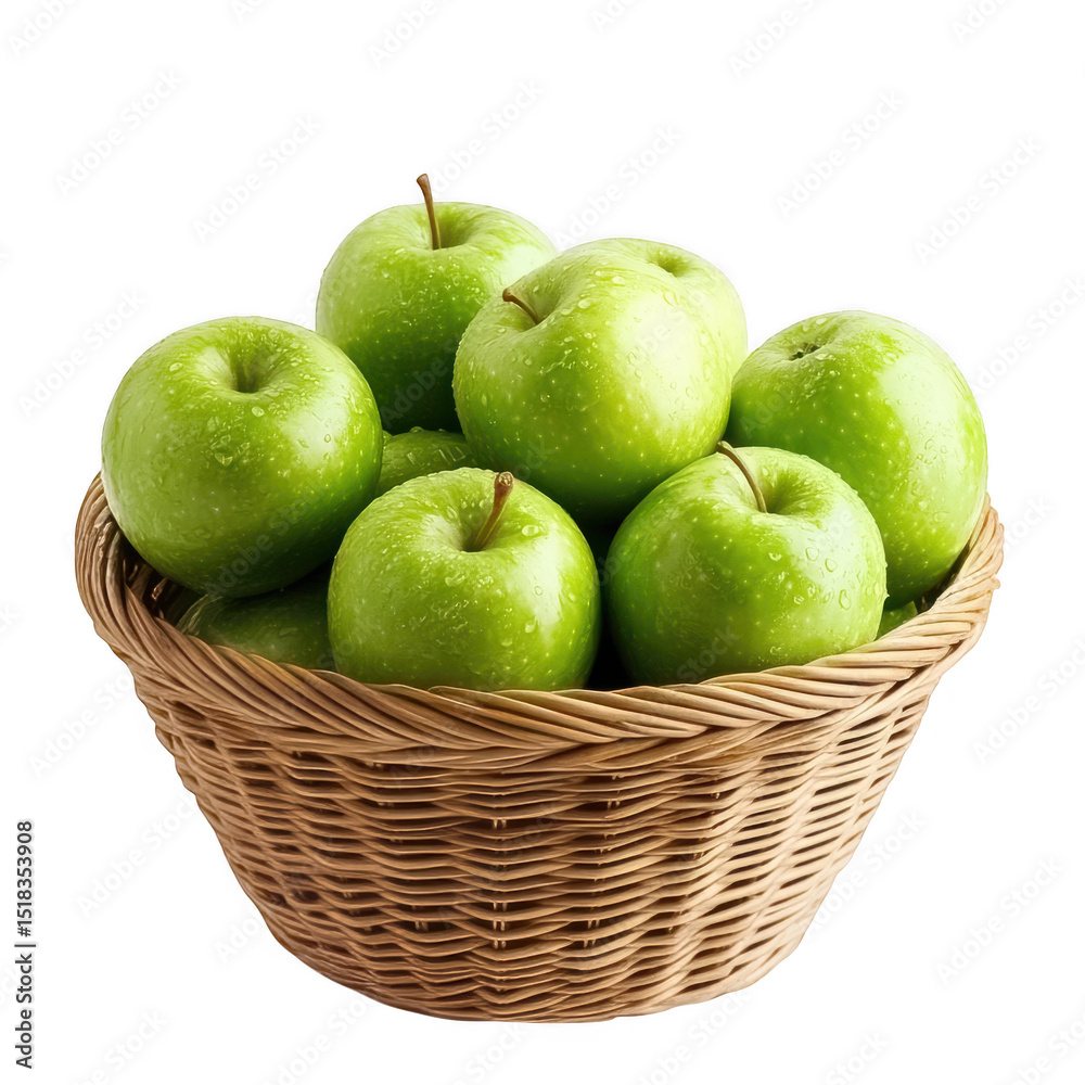 Green apples in basket isolated on transparent background Green apples in basket isolated on transparent background