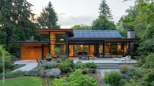 A modern home equipped with solar panels and a heat pump for energy efficiency.