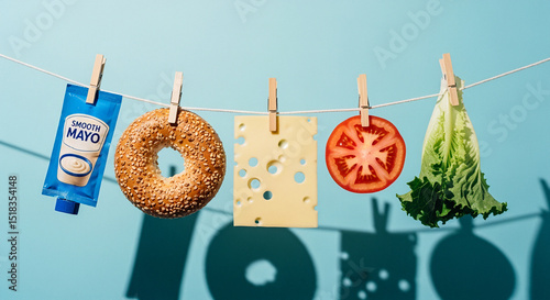Bagel, cheese, tomato, lettuce, and mayonnaise packets hanging on a clothesline against a blue background.