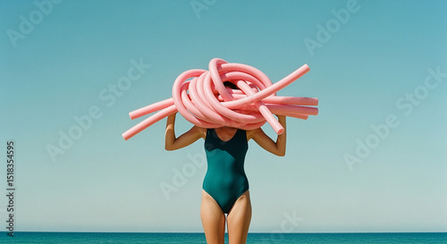Woman in swimsuit concealing face with pink pool noodles at the beach