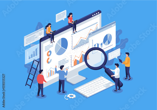 vibrant illustration depicting a team collaborating around a large computer screen displaying various data charts and graphs
