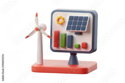 Renewable energy concept with wind turbine and solar panel dashboard showing colorful bar chart and sun icon, symbolizing clean power and digital monitoring