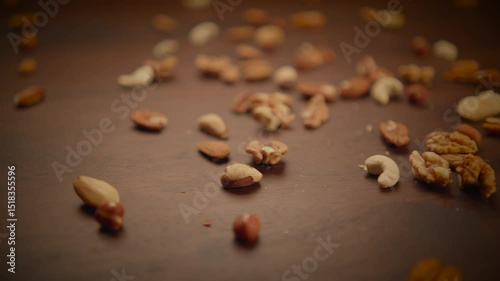 A beautiful assortment of nuts and seeds arranged attractively on a wooden surface