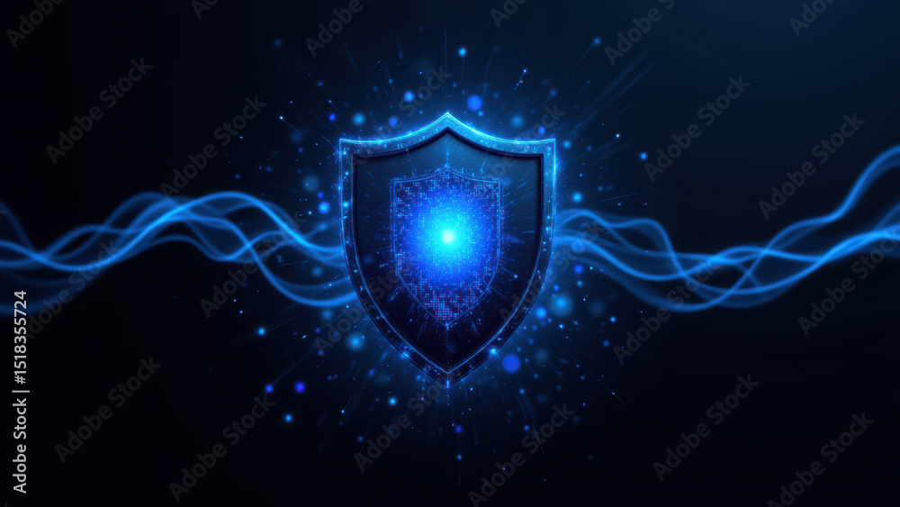 Fototapeta premium A digital illustration of a shield with a blue glow and a cybernetic aura, symbolizing internet security and defense against threats.